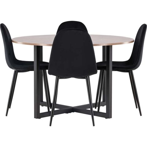 Durango Essgruppe Tisch Nussbaum dekor und 4 Polar Stühle schwarz.