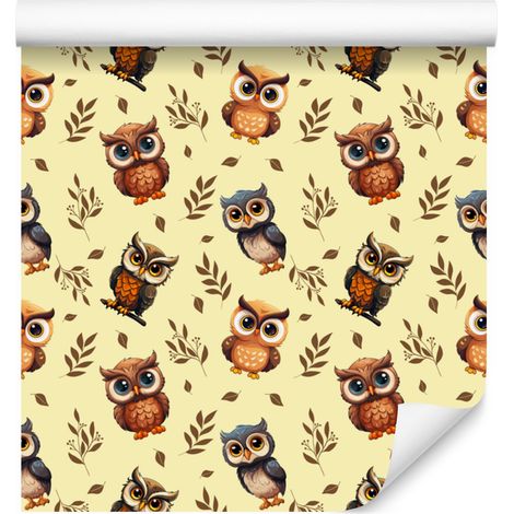 Papier peint hibou crème et or pour salon et chambre 50x1000 cm (1/5)