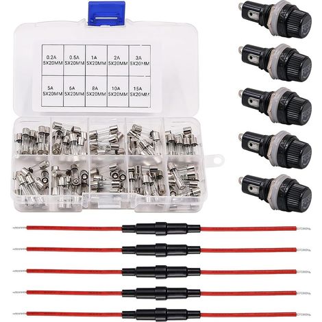 5 pièces 5x20mm Porte-fusible Type à vis en Ligne avec Fil 22 AWG + 100 pièces Kit Assorti de fusible de Tube de Verre à soufflage Rapide (1/5)