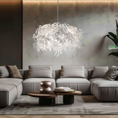 Lampada a sospensione lampada a sospensione foglia luce sala da pranzo luce soggiorno lampada camera da letto luce foglie bianche, metallo cromato, 4 lampadine E14, H 150 cm