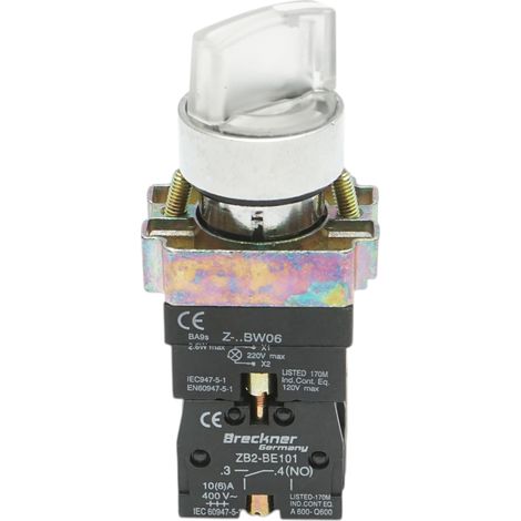 Selettore a 2 posizioni con ritenuta e indicatore di segnalazione a LED bianco 1NO+1NC, 220V, LAY5 Breckner Germany (1/4)