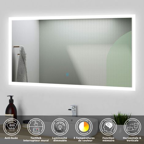 Acezanble – Miroir lumineux de salle de bain 120x70cm – LED anti-buée – 3 températures de couleur – Installation horizontale – IP44 (1/4)