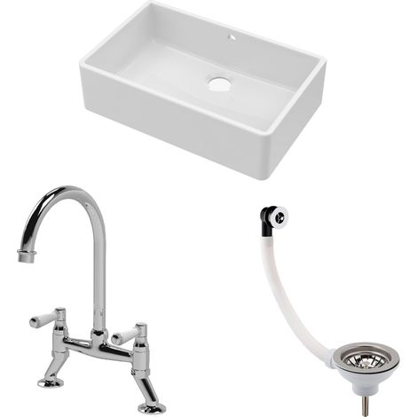 Fireclay Kitchen Bundle - 1 Bowl Butler Sink with Overflow, Waste & Bridge Mixer Tap, 795mm - Chrome
