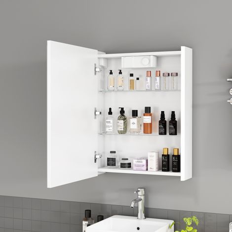 Mueble de baño con espejo 50 cm mural, 1 puerta, blanco, LED, enchufe francés (1/5)