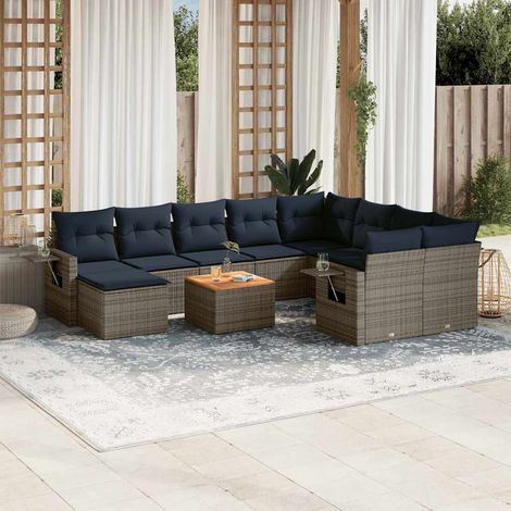 Salon de jardin modulable 11 pcs en résine tressée grise avec coussins bleu marine - PANGIVO (1/5)