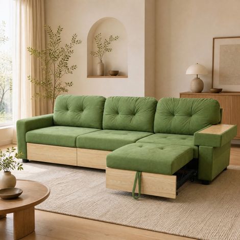 Divano angolare a L 228x80x78 cm verde in velluto con chaise longue estraibile, porta USB e contenitore (1/5)