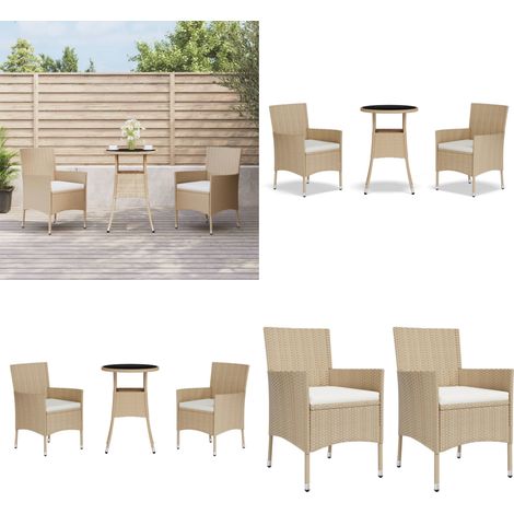 Mesita y sillas jardín 3 pzas y cojines ratán sintético beige - Sillas de terraza - Cojines para sillas