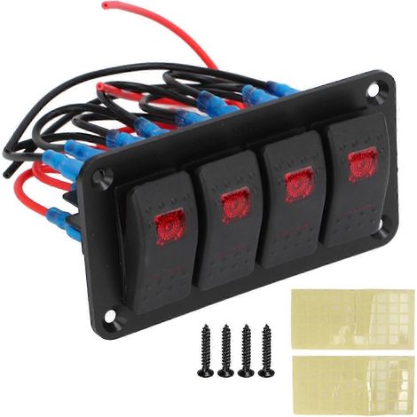 Panneau de commande à bascule rouge précâblé à quatre positions avec deux autocollants. Compatible avec les systèmes automobiles et marins 12 V 20 A/24 V 10 A. (1/5)