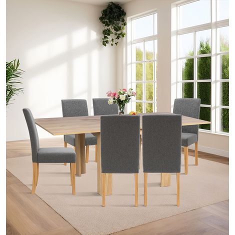 Hallowood Furniture Newquay Oak Flip Top Dining Table and Chairs Set 6, Folding or Extending Kitchen Table and Chairs in Straight Back and Upholstered Grey Fabric for Home and Café (1/5)