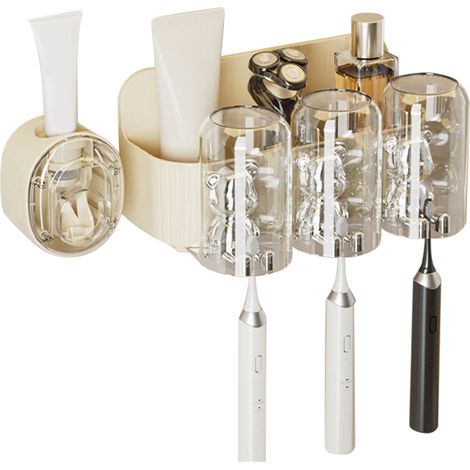 Niedlicher, wandmontierter Zahnbürstenhalter in Bärenform mit automatischem Zahnpastaspender, 3-fach Becherhalter, platzsparend, aus robustem Kunststoff (1/5)
