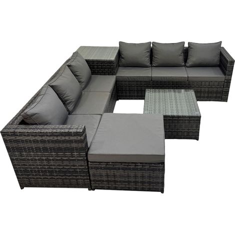 Fimous 7 Seater Garden Outdoor Rattan Furniture Set Patio Corner Sofa Coffee Table with Big Stool Dark Grey (1/5)