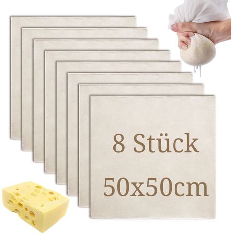 8 Stück Passiertücher 50×50 cm – wiederverwendbare, ungebleichte Seihtücher zum Filtern, Abseihen, Backen und Käseherstellen