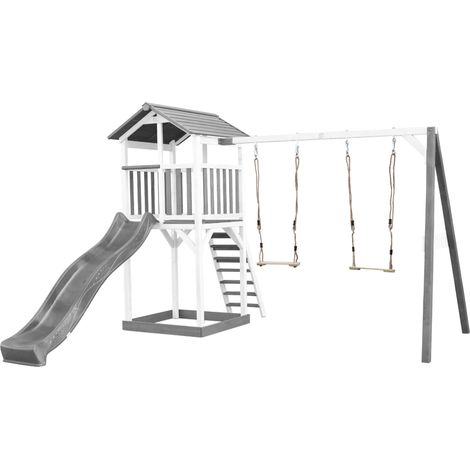 Axi Beach Tower Aire De Jeux Avec Toboggan En Gris, 2 Balançoires & Bac À Sable Grande Maison Enfant Extérieur En Gris & Blanc Cabane De Jeu En Bois Fsc (1/5)