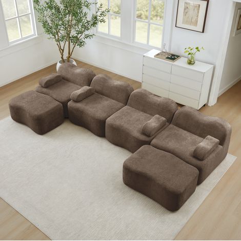 Sofá modular en U de 4 plazas con 2 otomanas, 384 x 167 x 70 cm, terciopelo marrón HAVRYA (1/5)