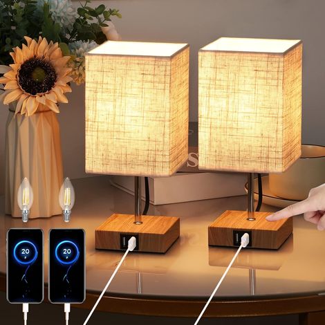2pcs Touch Bedside Lamp 3 Intensity 2 USB Ports with E14 Bulb Fabric Shade Table Lamp for Bedside Bar Living Room Hotel Cafe Children's Room Living Room Office (Warm White) Wood Square (1/5)
