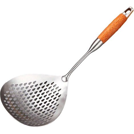 Passoire de cuisine en acier inoxydable 304, long manche, cuillère à pâtes et raviolis, bois jaune (1/5)