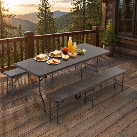 Set tavolo da picnic pieghevole con 2 panche, 3 pezzi, richiudibile, con maniglie, HDPE marrone (1/5)