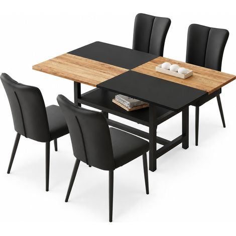 ELVMI Esstisch-Set mit 1 Tisch und 4 Stühlen, Integrierter Ablage, MDF, Metall und PU, Braun und Schwarz (1/5)