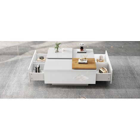Table basse carrée moderne en bois blanc brillant avec rangement 757533,5 cm, petit plateau coulissant, charge max. 30 kg (1/5)