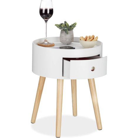Table d’appoint Ronde, tiroir, Pieds en Bois, Design scandinave, Minimaliste, HxD 46 x 38 cm Blanc/Nature (1/5)