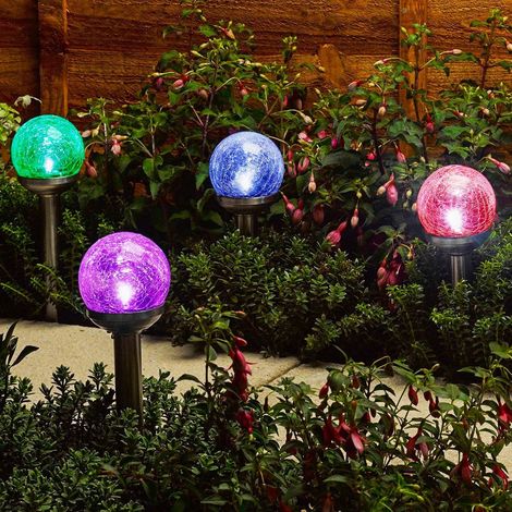Haushalt International LED Solarleuchten 4er Set – Crackle-Glas – Umschaltbar Weiß & Farbe – Gartenleuchten Solarbetrieben – Außenbeleuchtung Deko (1/5)