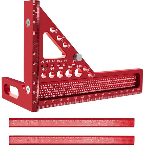 Equerre Menuisier 3D Multi Angle 22-90° Aluminium Rouge Alliage d'aluminium. 6 angles préréglés 22,5°-75°. Échelle métrique gravée laser. 2 crayons inclus. 130g, détachable. (1/5)