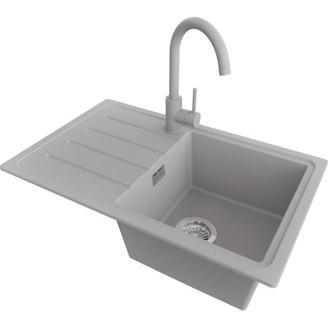 PRIMAGRAN Evier Cuisine en Granit 70x44cm,Lavabo 1 bac + Robinet 32x20cm + Kit de Vidage, Évier à Encastrer au meuble 45cm - Copenhague Easy, Gris (1/5)