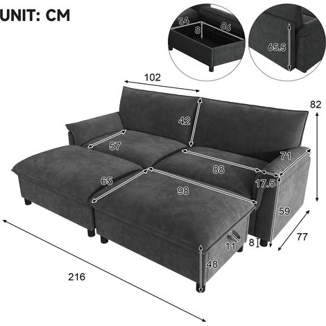 Canapé d'angle modulable Cloud, canapé confortable pour salon en forme de U, canapé profond, canapé Cloud surdimensionné avec 2 repose-pieds amovibles, dossier haut, noir, dimensions : L 216 × H 82 ×  (1/4)