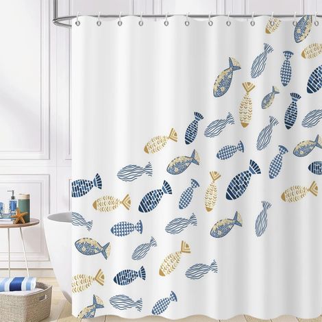 Rideau de Douche, 90x180cm, Minimalisme Côtier Nautique à Motif de Poisson en Or Bleu Tissu Imperméable Rideau de Salle de Bain Lavable en Machine avec Crochets (1/5)