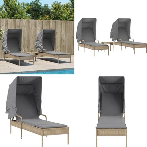 Chaises longues lot de 2 avec auvents et table beige poly rotin - Chaise Longue - Transats - Lit De Bronzage - Salon De Jardin - Mobilier De Jardin - Home & Living