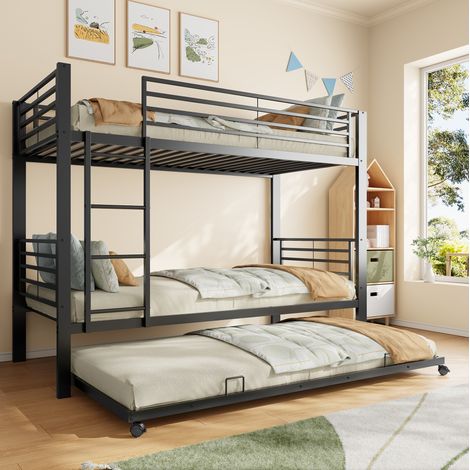 Letto a castello 90x200 con letto estraibile, metallo nero, 3 posti, certificato EN 747 HAVRYA (1/5)