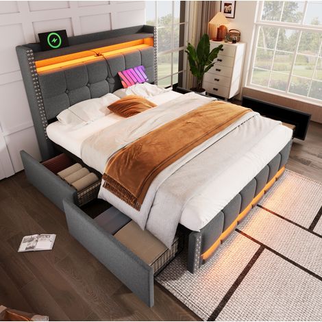 MEUBLIV Bettgestell 160x200 cm Grau – LED, USB und Stauraum, ohne Matratze (1/5)