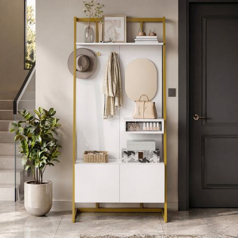 Mueble zapatero de entrada con espejo, ganchos metálicos y almacenaje, blanco DESVIAE (1/5)