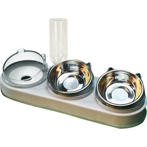 Gamelle 3 en 1 pour chat, bols d'alimentation pour animaux de compagnie, avec distributeur d'eau automatique, bouteille, inclinaison à 15 °, matériau de sécurité, facile à nettoyer, gris (1/5)
