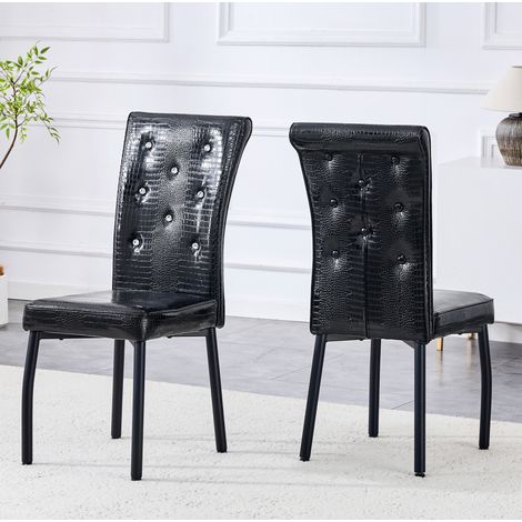 Set de 2 sillas de comedor negras de polipiel efecto cocodrilo con botones de cristal (1/5)