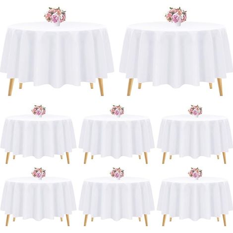Set mit 8 runden, weißen Polyester-Tischdecken, 228 cm, waschbar, runde weiße Tischdecke für Hochzeit/Party/Bankett/Esszimmer/Buffettisch (weiß/228 cm)