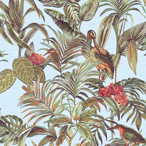 Duck Egg Blue Tropical Wallpaper Birds Palm Textured Green Paste the Wall Vinyl (1/2)