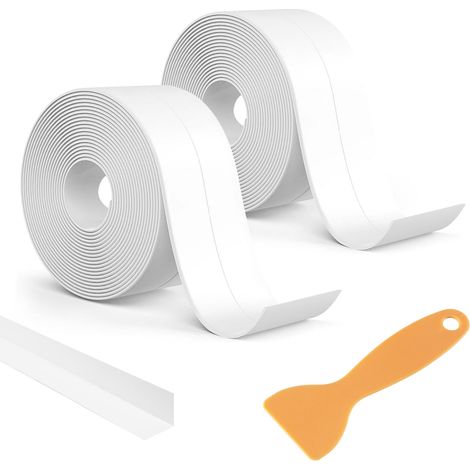 Joint Salle de Bain, PVC Joint Etancheite Douche Blanc 19x19mm, Plinthe souple autocollante avec spatule pour baignoire, vasque, cuisine, lavabo, évier, toilette (2 rouleaux, 3,2 m/rouleau) (1/5)
