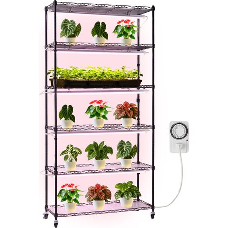 VEVOR Scaffale per Piante con Luci di Coltivazione, Supporto per Piante in Metallo da Interno a 6 Livelli, Espositore Alto 180 cm con Ruote e Timer, Luci a Spettro Completo da 150 W e 3800 K