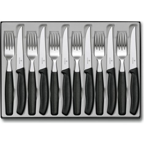 Victorinox Classic, set di posate da 12 pezzi, per sei persone, composto da 6 coltelli da bistecca e 6 forchette, nero (1/4)