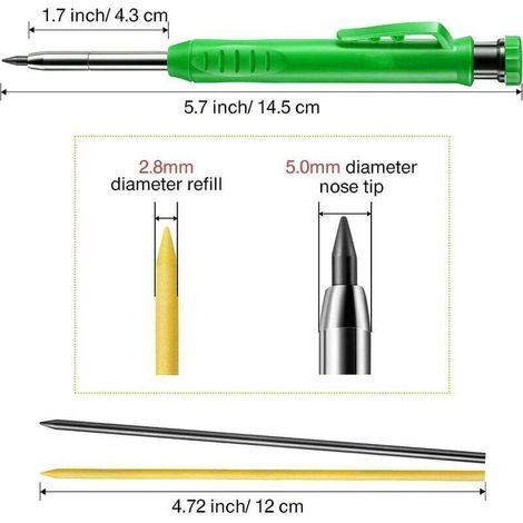 Set de Crayon de Menuisier Solide pour Construction avec 7 Taille-Crayon Intégré à Fils Gris Jaune, Marqueur de Porte-Mine à Trou Profond de Long Nez Outil de Marquage pour Traceur de Menuisier (Vert) (1/3)