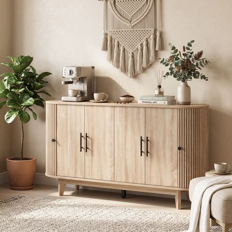 Buffet de salon, meuble de rangement ovale avec 4 portes et 2 étagères réglables, 147 x 40 x 76 cm, bois de chêne. (1/5)