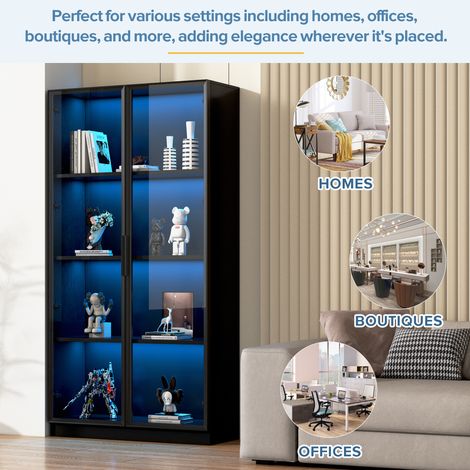 Vitrine en verre avec éclairage LED par application, armoire à double porte avec étagères réglables, 80x40x160 cm, meuble haut pour salon, présentoir debout, placard de salle de bain (1/5)