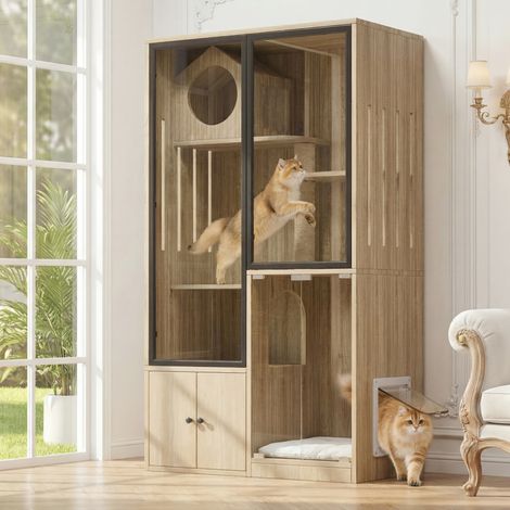 Gabbia per gatti da interno a più livelli 90 x 50 x 160 cm, legno chiaro HAVRYA (1/5)