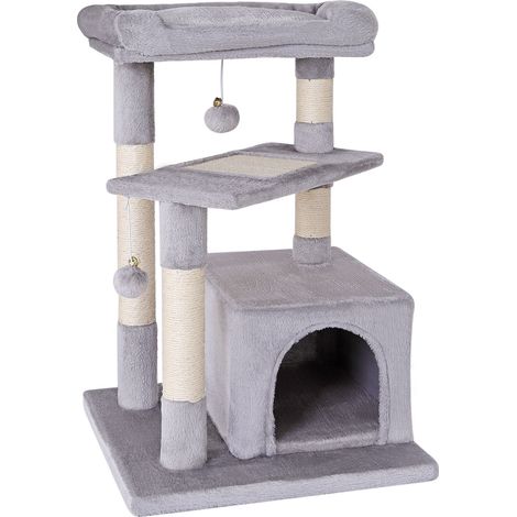 lionto Katzenkratzbaum 75 cm mit Höhle, Liegebett & Sisalfläche, kompakt & stabil, ideal für Spiel, Ruhe & Krallenpflege, hellgrau