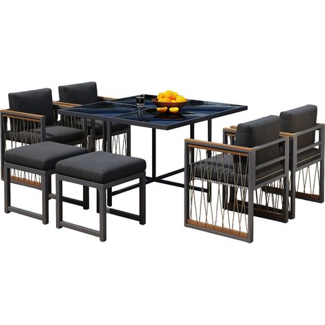 Ensemble extérieur 7 pièces pour 6 personnes, table verre trempé, accoudoirs plastique et bois, idéal pour terrasse ou cour (1/5)