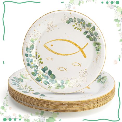 Assiettes en carton communion 24 pièces 18cm Design eucalyptus et poisson doré renforcées et résistantes pour décoration garçon baptême fille ou garçon pour gâteau bonbons salade (1/5)