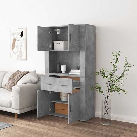 Buffet Haut de Salle à Manger en Béton Gris, Meuble de Rangement avec Comptoir en Bois d'Ingénierie pour Cuisine et Salon (1/5)
