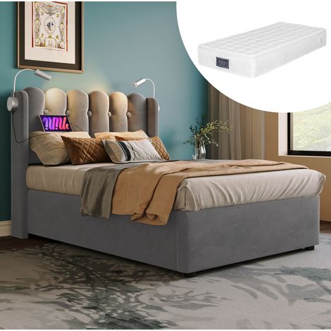 Lit coffre 90x200 avec liseuse et USB, velours gris OKMYHOME (1/5)