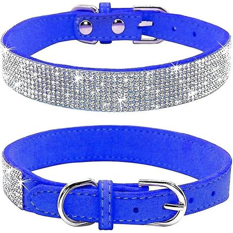 Collier pour chien orné de strass, mignon et scintillant, en cuir suédé doux, pour chien ou chat, avec strass et cristaux (XS, Noir) - S - Bleu foncé (1/3)
